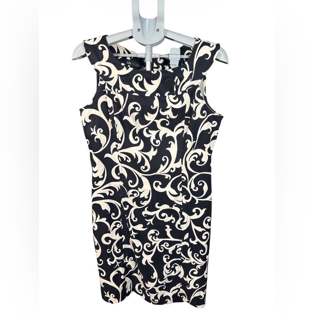 I.N. Studio Black & Cream Scroll-Print Midi Sheath Dress
